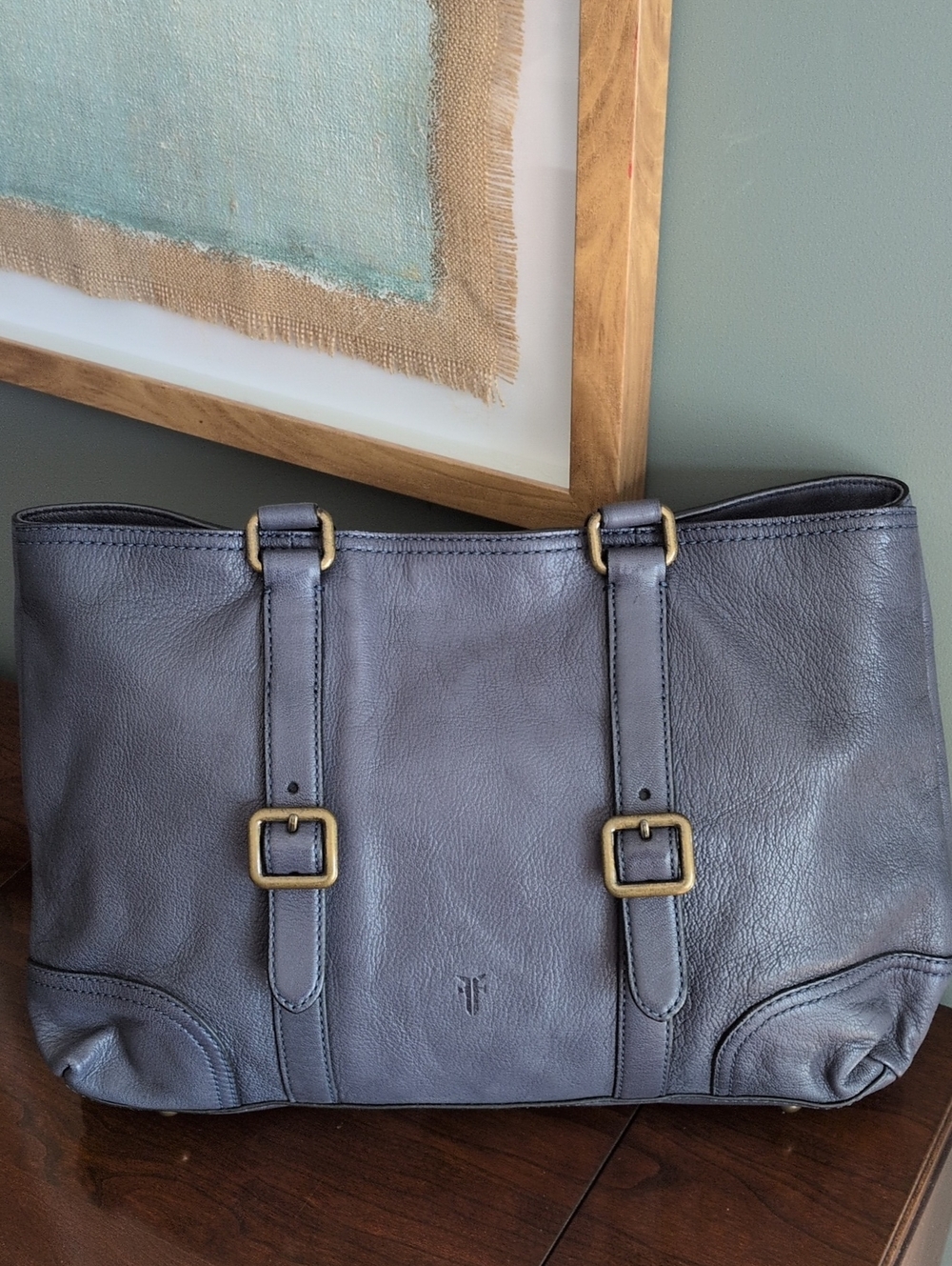 Frye Lily Blue Gray Leather Shoulder Tote with Brass Buckles
